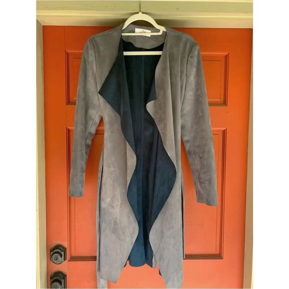 Badgley Mischka Faux Suede Gray and Teal Wrap Trench Coat with Pockets